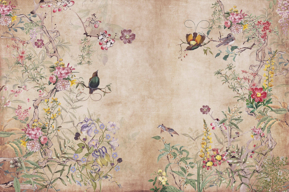 Fototapet Bird and Mural Flowers - Fototapet -